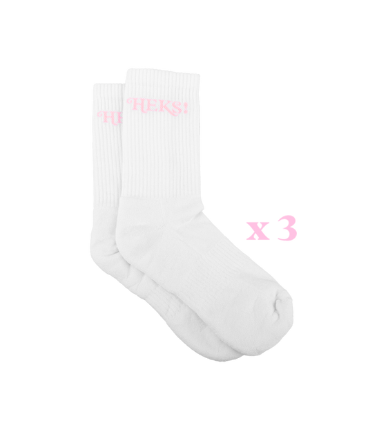 HEKS! White Tennis Socks, Pink Logo [3 par]